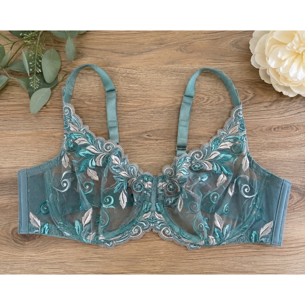 Soma Sensuous Lace Unlined Underwire Bra Teal Blue Floral Embroidered Sheer Mesh